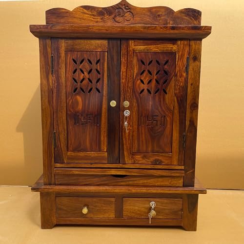 Image of Wudniture Solid Sheesham Wood Pooja Mandir for Home | Handcrafted Wooden Temple with 3 Storage Drawers, Tray & Lock | Natural Teak Finish