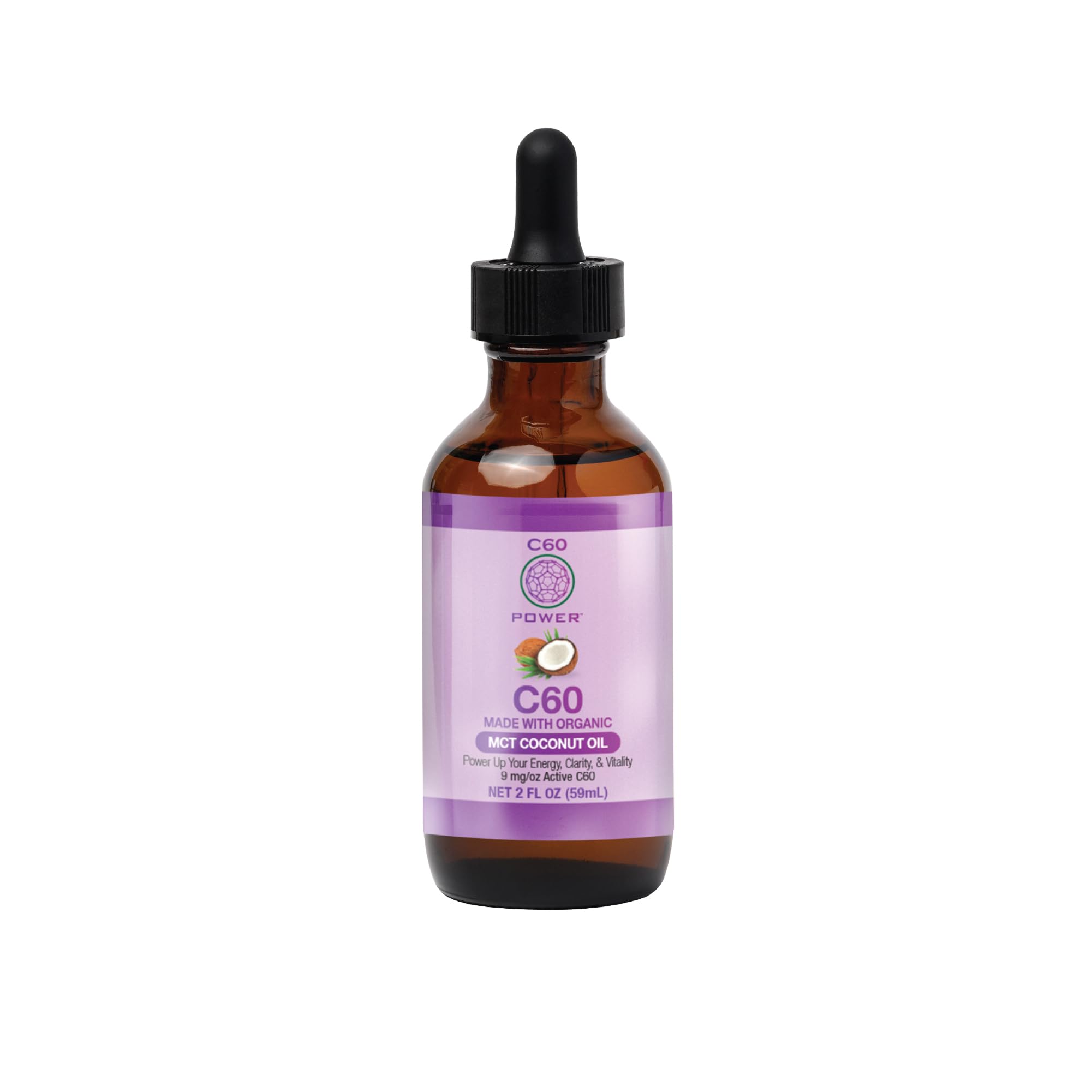 C60 Power C60 in Organic MCT Coconut Oil - Natural Wellness & Antioxidant Supplement for Men & Women, 99.99% Pure Carbon Fullerenes, Promotes Energy, Brain Function, & Stamina - 2 fl oz Bottle 2 Oz