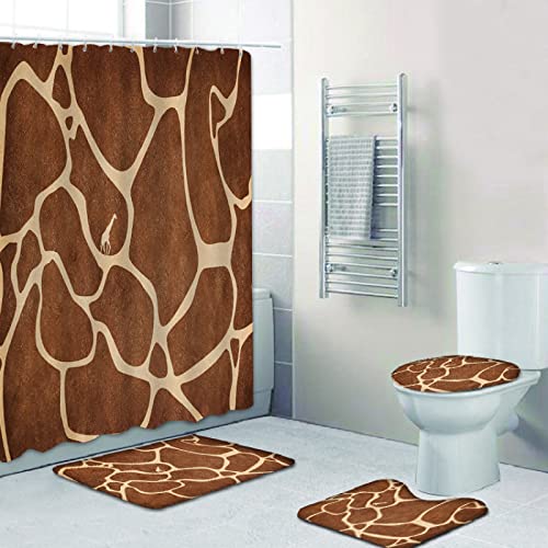 Duschvorhang Braun Khaki Badezimmerteppich 4-Teiliges Set, Duschvorhang 180x180 Polyester+Badematte rutschfeste(50x80)+U…