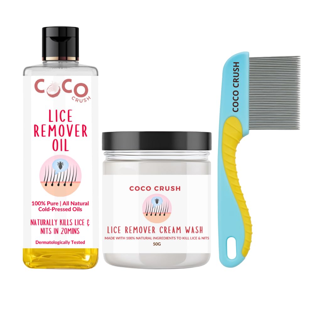 Coco Crush Natural Lice Defense Pack | Ayurvedic Lice Oil, Herbal Cream Wash & Long Handle Comb | 3-Step Head Lice & Nit Removal | 100% Natural, Safe, Gentle & Fast-Acting Chemical-Free Treatment (100ml(2x50ml) + Comb)-image-1