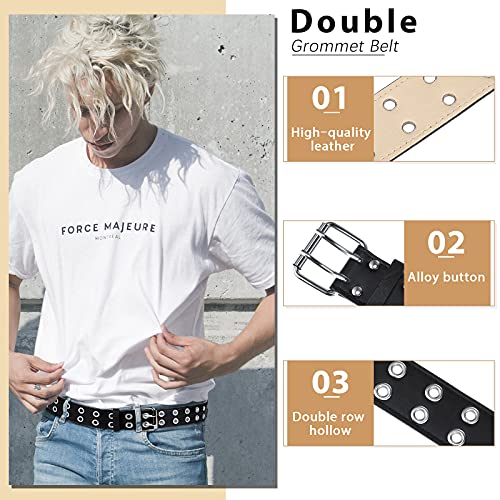 Syhood 3 Pieces Studded Belt Punk Rivet Double Grommet Belt Faux Leather Gothic Goth Black for Men Women Gift4