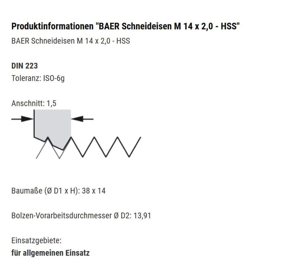 BAER Gewindeschneider M14 HSS Schneideisen - M 14 x 2,0 - Gewindeschneideisen metrisch Regelgewinde - Außengewinde Schneider aus hochlegiertem Werkzeugstahl - metrisches Außengewindeschneideisen