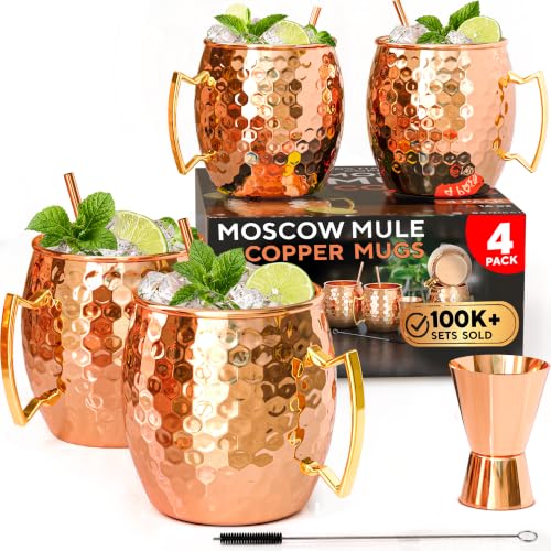 Moscow Mule Copper Mugs Set of 4, 16 oz Pure Copper Cups for Drinking