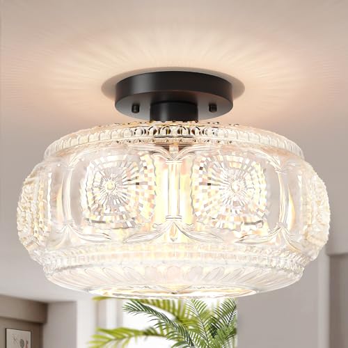 OYKYOHEI Semi Flush Mount Ceiling Light, Upgraded 12 inch Larger Black Glass Ceiling Light Fixture, Vintage Lighting for Hallway Kitchen Bedroom Dining Room, Bulb Not Included