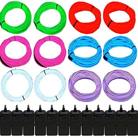 JYtrend 12 Pack 9ft Neon Light El Wire with Battery Pack (Blue, Green, Red, White, Purple, Pink) Cover