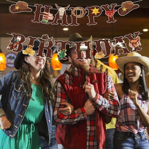 Image of Western Cowboy Theme Wild West Party Decoration,Pre-Strung Happy Birthday Banner,Retro Horse Rodeo Party Supplies for Boys,Cowboy Hat Horses Garland for Boys Birthday Party