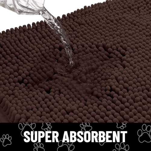 Image of Smiry Dog Door Mat for Muddy Paws, Absorbent Dirt Trapper Non Slip Quick Dry Washable Chenille Mat for Mud Dogs, Entry Rug for Indoor and Outdoor (30x20 Inches, Brown and Black)