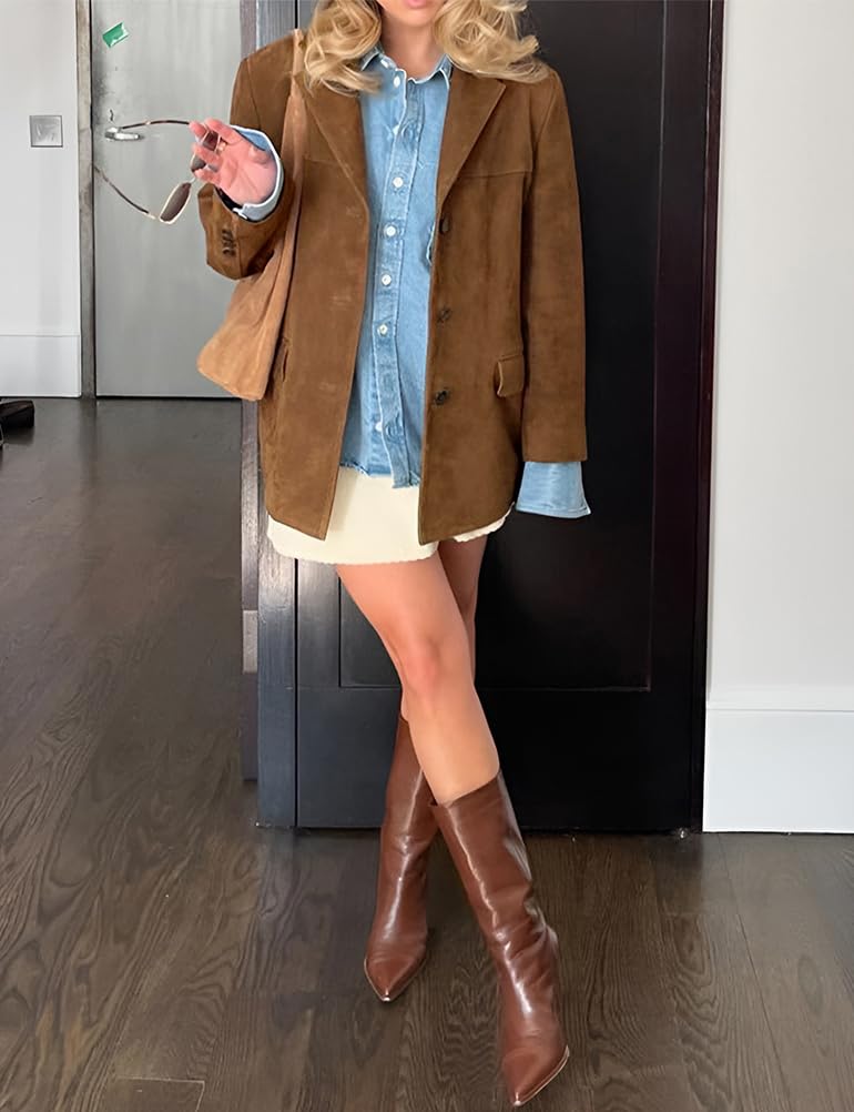 IDEALSANXUN Veste en daim pour femme - Automne et hiver - Style décontracté - Surdimensionné - En similicuir - Trench