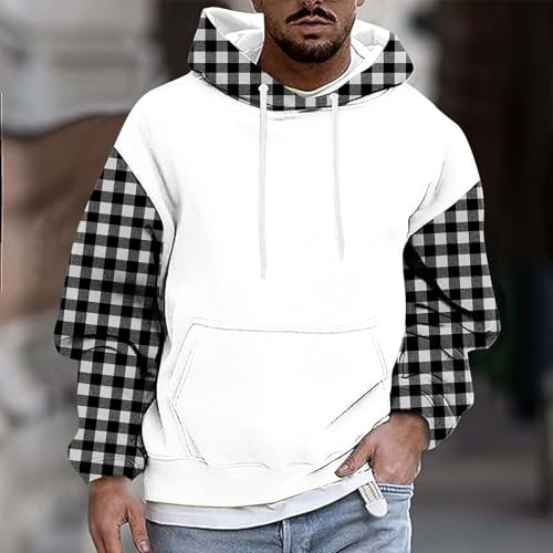 Color Block Plaid Print Sweatshirt Men Casual Long Sleeve Pullover Fleece Loose Hooded Tops Fall Fashion Streetwear2