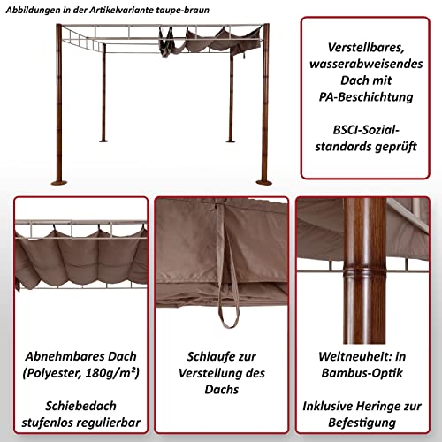 Pergola HWC-L42, tuinpaviljoen terrasoverkapping, stabiel 7 cm metalen frame 3 x 3 m bamboe-look - taupe-bruin - Afbeelding 3