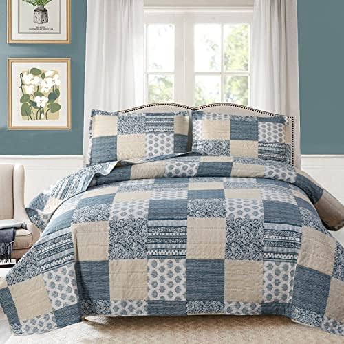 Plaid Quilt Set Queen/Full Size, 3-Piece Blue Yellow Floral Patchwork Bedspread Coverlet Set Reversible Country Plaid Grey Leaves Quilt Lightweight Bedding Set with 2 Pillow Shams