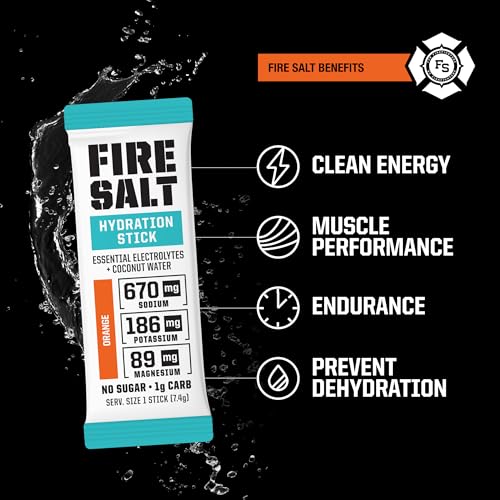 Image of Fire Salt Orange Electrolyte Hydration Sticks, Zero Sugar, 32 Count | Electrolytes & Coconut Water, Hydration Drink Mix with Magnesium, Potassium & Sodium, Single Serve On the Go Packs