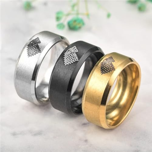 3 Pack/Set Game Thrones Direwolf Mark Merchandise Ring Anime Rings House Stark Of Winterfell Stainless Steel Men Girls Engraving Cosplay Rings,3 Color Black White Gold (7) #TOP2
