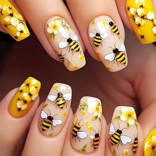 24Pcs Spring Flower Press on Nails Medium Square Fake Nails with ...