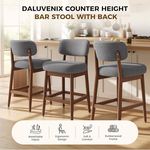 Image of Counter Height Bar Stools Set of 4, Mid-Century Modern Boucle Bar Chairs with Solid Wood Frame, Fluffy Upholstered Stools with Backrest for Kitchen Island, Home Bar, Dove Gray