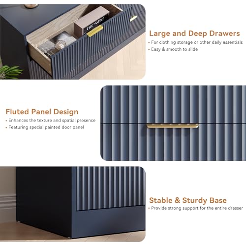 Image of Blue 6 Drawer Dresser for Bedroom,55 inch Wide Fluted Dresser with Gold Handles, Modern Chest of Drawer for Bedroom,Closet, Living Room, Entryway, Hallway(Blue,6 Drawer Dresser)