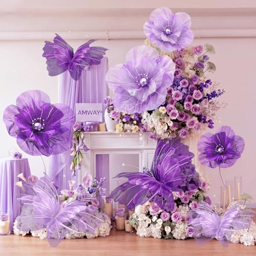 Image of Cinnvoice 8 Pcs Large Purple Butterfly Flower Decorations 20 Inch 12 Inch 3D Giant Silk Butterfly Big Flower Mariposas Grandes para Decoracion for Wedding Backdrop Birthday Party