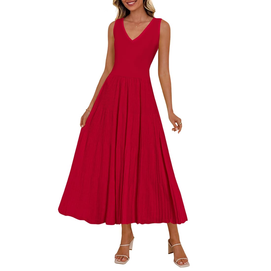 Vestito Donna Elegante Abito da Sera Senza Maniche con Scollo a V Abiti Lungo Plissettato Linea A Swing Abito da Cocktail per Festa Party