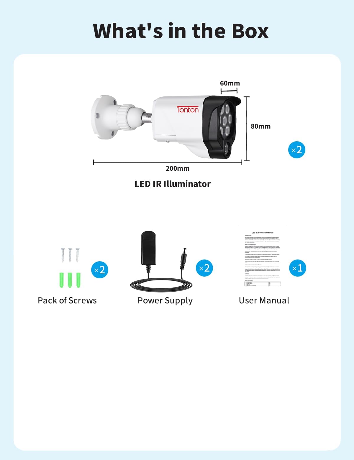 Tonton IR Illuminator 850nm Wide Angle 8-LEDs 90 Degree, 30M(100Ft) IR Infrared Flood Light for CCTV Security Cameras, Outdoor&Indoor Use, IP66 Waterproof Metal Housing, 3M Power Supply Cable