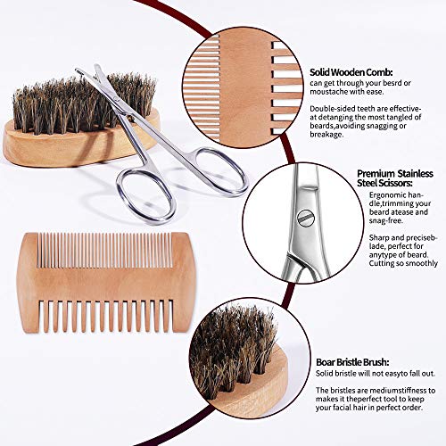XEWEA Beard Trimmer Care Kit for Men 9Pcs Mustache Growth Grooming&Trimming Upkeep Styling Tool with Bib Boar Bristle Brush Wood Comb Scissor Storage Bag Shaving Brush Bowl Set Gifts for Dad Boyfriend - Thumbnail 7
