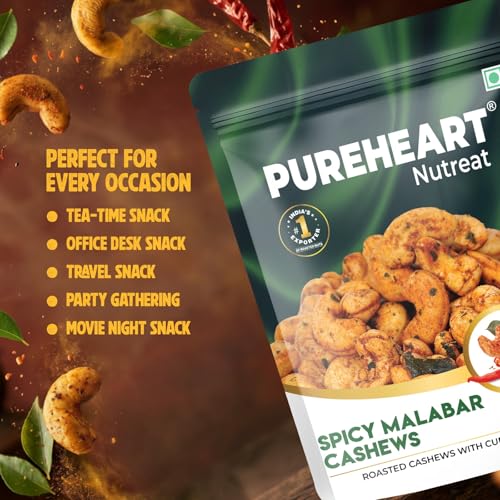 Image of Pureheart Spicy Malabar Cashews 80g | Roasted Masala Kaju with Curry Leaves | Premium Crunchy Flavored Cashew Nuts | Healthy Snack, Protein Rich Dry Fruits | Spicy Roasted Nuts Pack