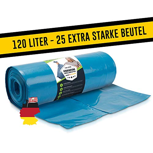 Müllsäcke 120L Blau - 25 Stück - Extrem Reißfest - Abfallsäcke - Abfall Beutel XXL - Typ 100 Extra - Müllbeutel 120 L - 70 - 700x1100 mm - LDPE - Großer Müllsack - 120 Liter - Super Stark Mülltüten