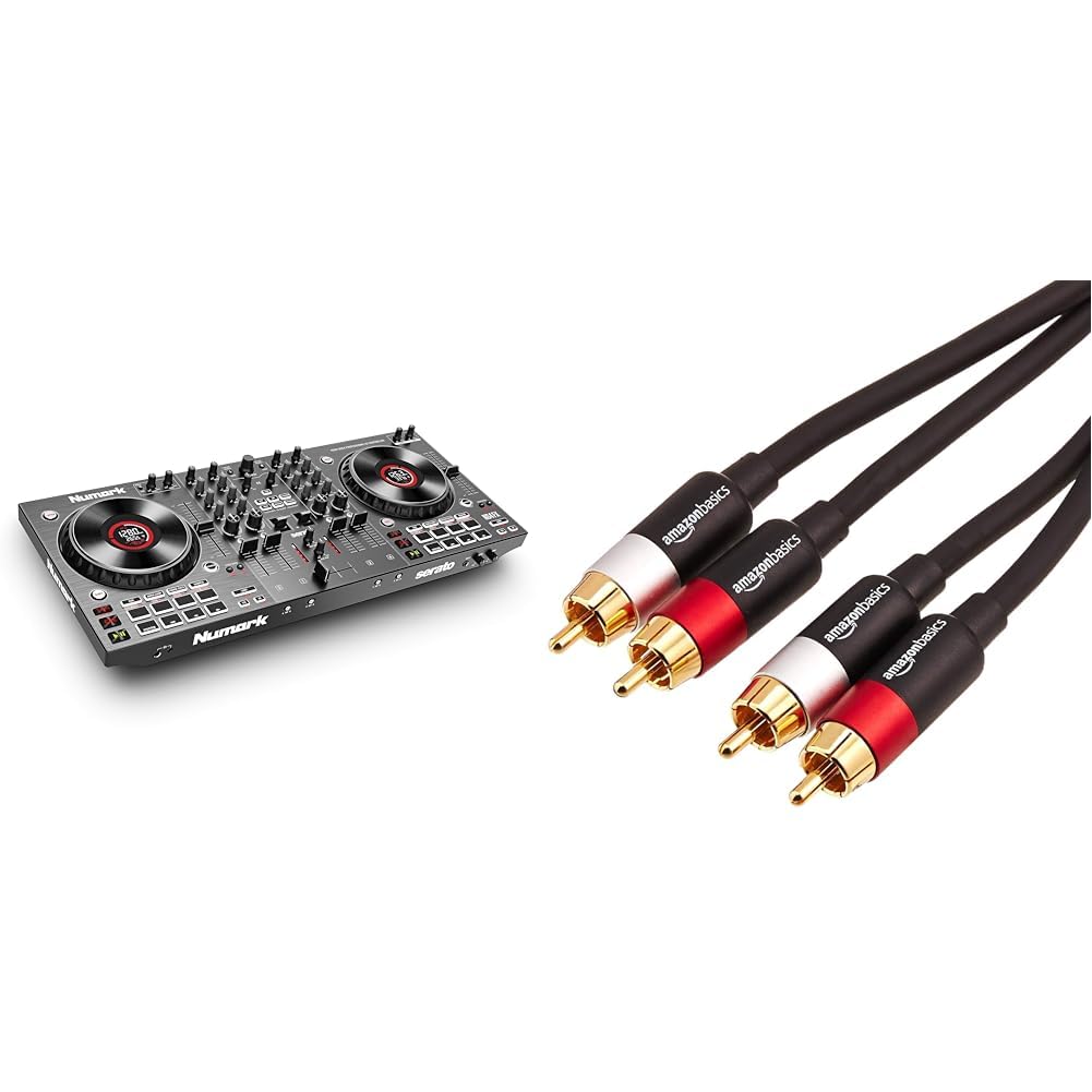 Numark NS4FX - Controladora DJ de 4 canales, jog wheels táctiles con pantallas, pads y efectos & Amazon Basics - Cable de audio RCA (2 machos a 2 machos), 2.4 metros, Negro, Oro, Rojo, Blanco