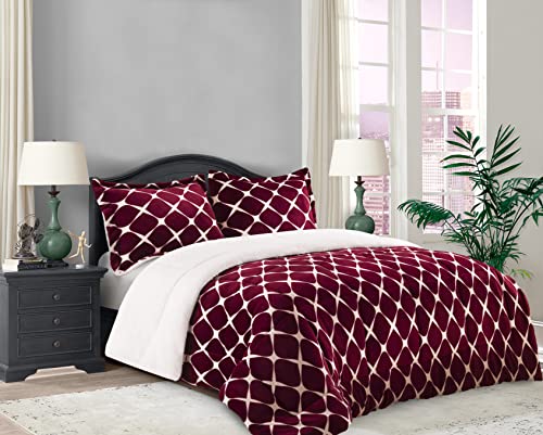 Elegant Comfort 3-Piece Luna Ogee Pattern Collection, Reversible Sherpa Comforter, Soft, Breathable & Cozy Fabric, Micro-Suede, Ogee Pattern Sherpa Comforter, Queen, Wine Red #TOP12