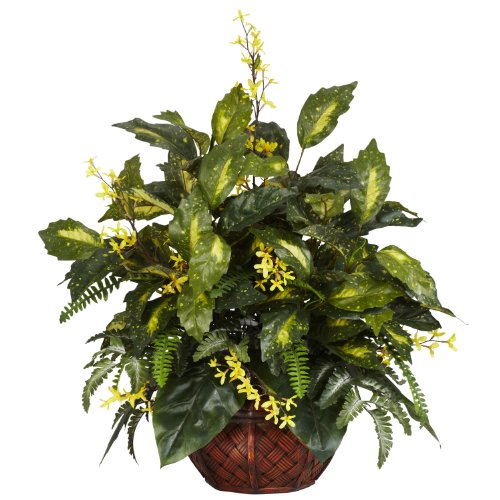 Buy 2 get 3 Nearly Natural 6644 Forsythia and Mixed Greens Decorative Silk Plant, Green
