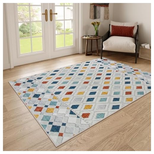 Lahome Alfombra colorida lavable de 5 x 7 pies, diseño bohemio con diseño de enrejado para sala de estar, alfombras suaves y antideslizantes a cuadros para suelos de madera dura, dormitorio, mesa de