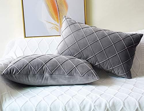 Lutanky Velvet Cushion Covers (Pack of 2) Soft Throw Pillow Cases Checked Design Decorative Square Pillow Cover for Sofa Bed (grey, 12"x20",2 Pieces)