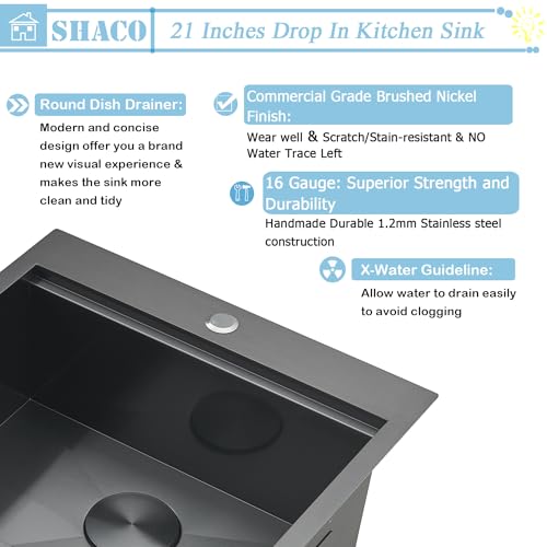 Image of SHACO 21 Inch Black Drop In Kitchen Sink, 21x20 Inch Gunmetal Black Top Mount 16 Gauge Stainless Steel Single Bowl Workstation RV Small Kitchen Outdoor Laundry Wet Prep Sink with Accessories