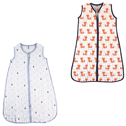 Image of Hudson Baby Unisex Muslin Cotton Sleeveless Wearable Sleeping Bag, Sack, Blanket, Anchor /Foxes Muslin 2-Pack, 6-12 Months