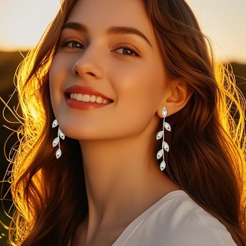 Pearl Earrings for Women 9 Pairs Silver Long Tassel Dangle Earrings Sparkling Crystal Leaf Pearl Drop Earrings Butterfly Chain Wedding Bridal Earrings Bridesmaid Prom Graduation Jewelry Set4