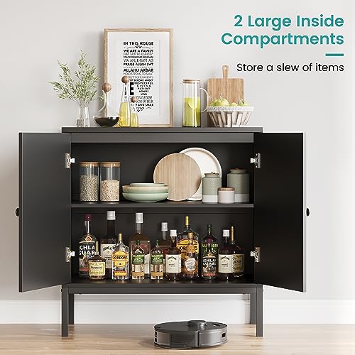 Image of Sideboard Buffet Cabinet with Storage, Accent Cabinet with Rattan Doors, Adjustable Shelf & Metal Feet, Coffee Bar Liquor Cabinet for Living Room, Dining Room, Hallway & Kitchen,Black