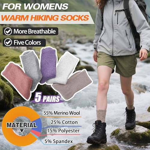 Image of Sandsuced 5 Pack Merino Wool Boot Hiking Socks for Women Warm Winter Thick Thermal Cozy Work Soft Ladies Socks
