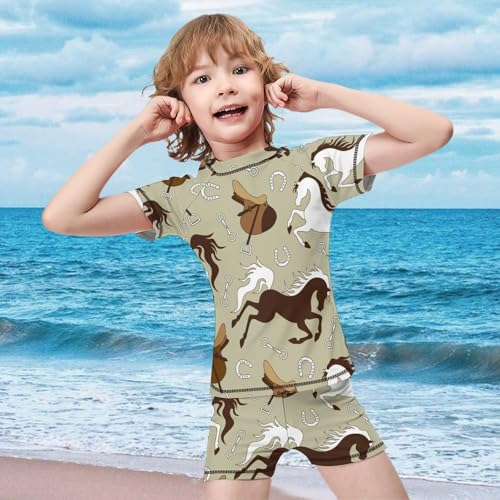 Brown and White Horse Saddle and HorseshoeChildren's Swimsuits Boys Two Piece Suit8-10Y（130cm）2