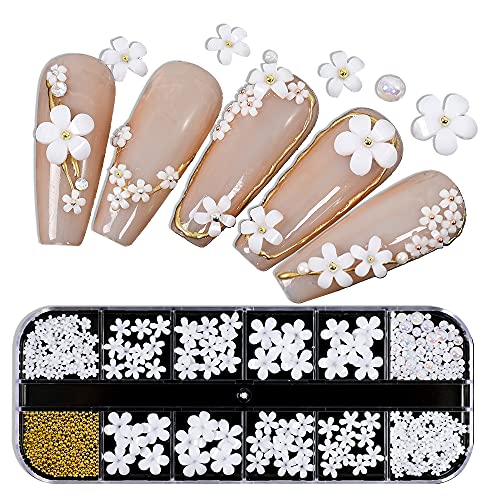 3D Flower Nail Art Charm White Flowers Nail Set l Glitter Pearl Nail Art Metallic Golden Caviar Beads Glitter Design Acrylic Nail Art Stud Women DIY Manicures Jewelry Salon Accessories