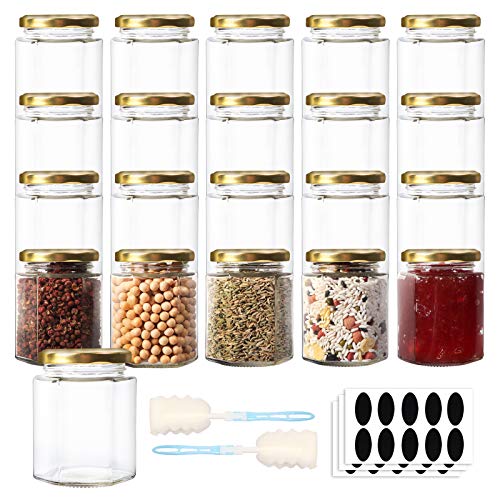 HWASHIN 20 Pack 6 oz Hexagon Glass Jars with Gold Lids, Honey Jars Spice Jars Mason Jars with 30pcs Labels and 2 Sponge Brushes for Jam, Baby Foods, Gifts, Wedding Party Favors