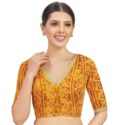 Image of Studio Shringaar Women's Cotton Bandhni Printed & Embroidered Saree Blouse With Elbow Length Sleeves