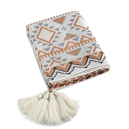 LumiSyne Couverture Tricotée Gland Vintage Style Ethnique Bohême Motif Géométrique Housse De Canapé Chaud Jeté Tapis à La Doux Couverture Jeté De Canapé Couvre-Lit Jetés De Lit 130x110cm