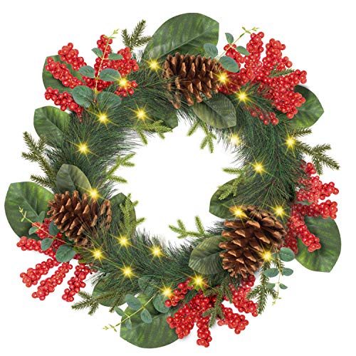 Rocinha Prelit Christmas Wreath with Lights, 22 Inches Artificial Front Door Wreath Garland with Berry, Pine Cone - Ideal Christmas Decor for Winter Holiday New Year, Indoor Outdoor