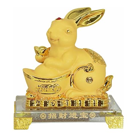YEBON Golden Resin Feng Shui Statue Rabbit Bunny Home Office Table Top Car Decor for Good Luck (YuanBao) Cover