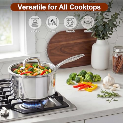 Image of Cook N Home 02679 Tri-Ply Clad Stainless Steel Sauce Pan with Lid, 2 Quart, Silver