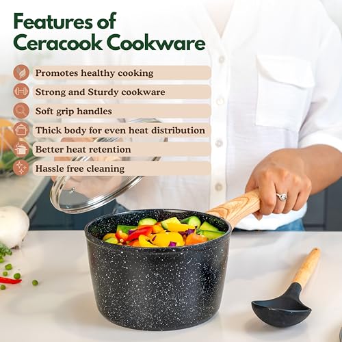 Image of Kreme Ceracook Ceramic Coated Granite Sauce Pan 1.8L /24cm with Glass Lid, ISI Certified Tea, Chai, Sauce Pot, Forged Aluminium, Gas & Induction Use, Non Toxic PFAS & PTFE Free, 1 Yr Warranty, Black