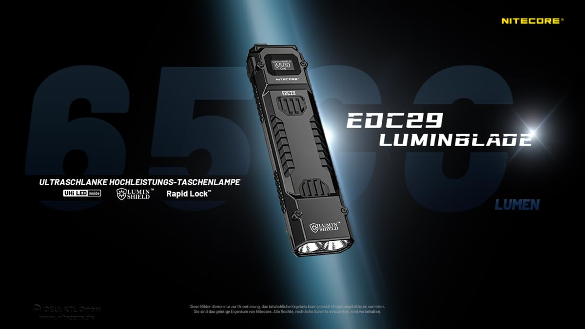 Nitecore EDC29 Luminblade Taktische Taschenlampe, USB Wiederaufladbare LED Taschenlampe, Extrem Hell 6500 Lumen, Bis zu 61 Stunden Laufzeit, Schwarz