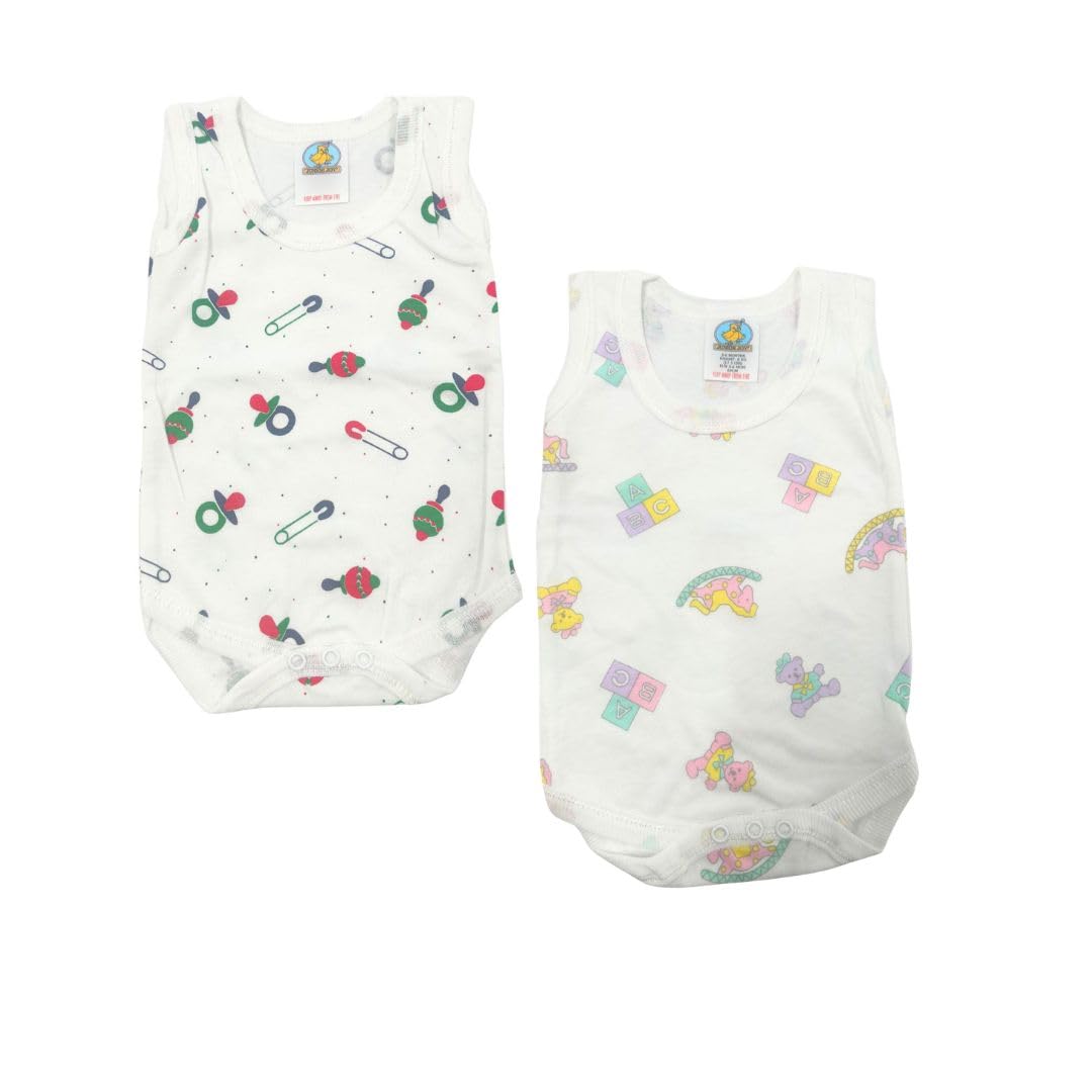 Junior Joy – 2 Pack Baby White Printed Bodysuits for Newborn 0–3 Months, Round Neck, Short Sleeves, 100% Cotton, Popper Fastening for Easy Nappy Changes