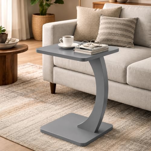 Image of Modern C-Shaped Side Table for Sofa & Bed - Multi-Purpose Laptop Table, Snack Holder, Book & Plant Stand - Compact & Sturdy Bedside Table (Brown) (Grey)
