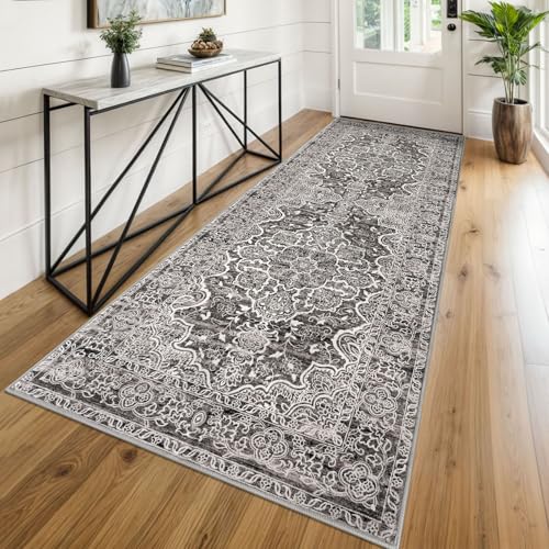 KUTA Vintage Washable Kitchen Runner 3x8, Non Skid Washable 8 ft Runners, Printed Distressed Floral Ultra Soft Carpet for Bedroom Living Room Tan Grey