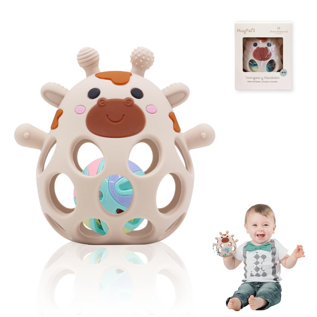 MuyPetit Jirafa Sonajero y Mordedor para bebé, Libre de BPA y tóxicos, Juegos bebe 0-6 meses, Sonajero bebe 0-3 meses, Juguete Montessori Bebé fácil de agarrar, Regalo recien nacido (Beige)